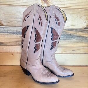 Vintage Tony Lama butterfly cowboy boots beige tan women's sz 7.5 1970s